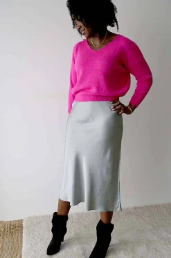 Clearance Jupe Midi Soie Gris Natty Femmes Jupe