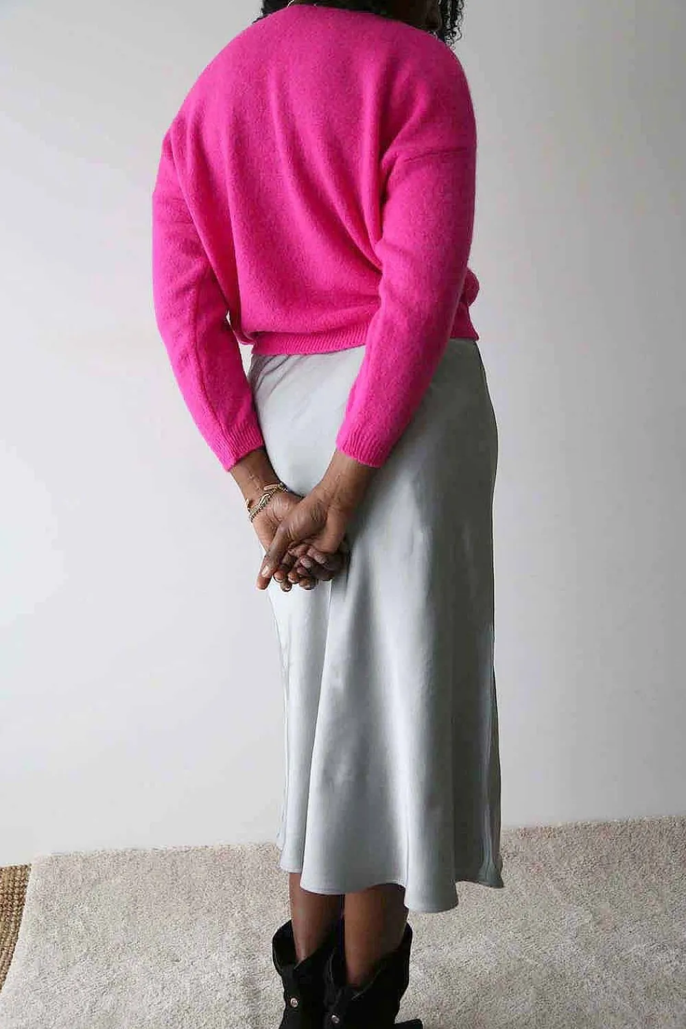 Clearance Jupe Midi Soie Gris Natty Femmes Jupe