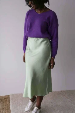 Clearance Jupe Midi Soie Vert Amande Natty Femmes Jupe