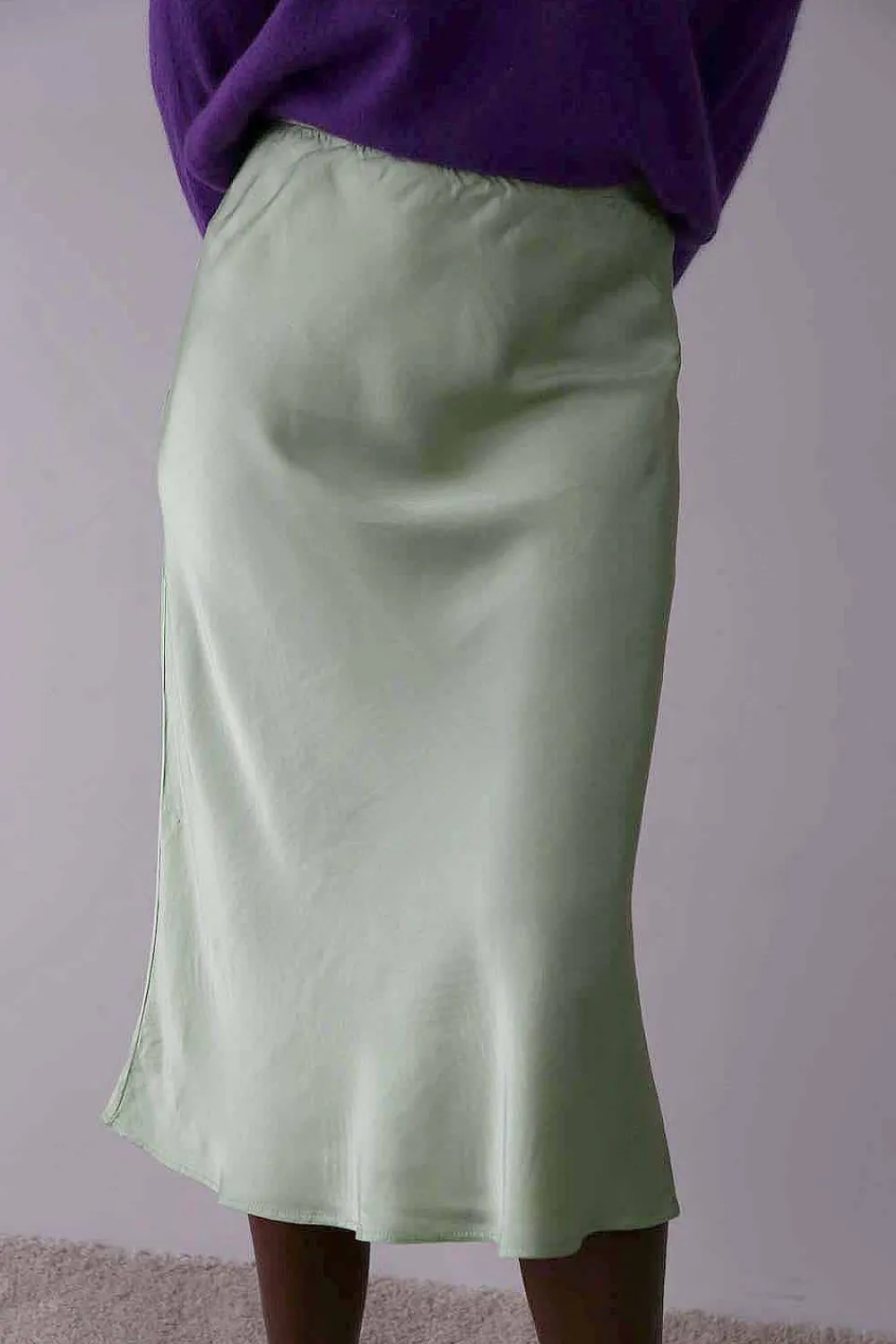 Clearance Jupe Midi Soie Vert Amande Natty Femmes Jupe