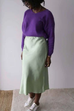 Clearance Jupe Midi Soie Vert Amande Natty Femmes Jupe