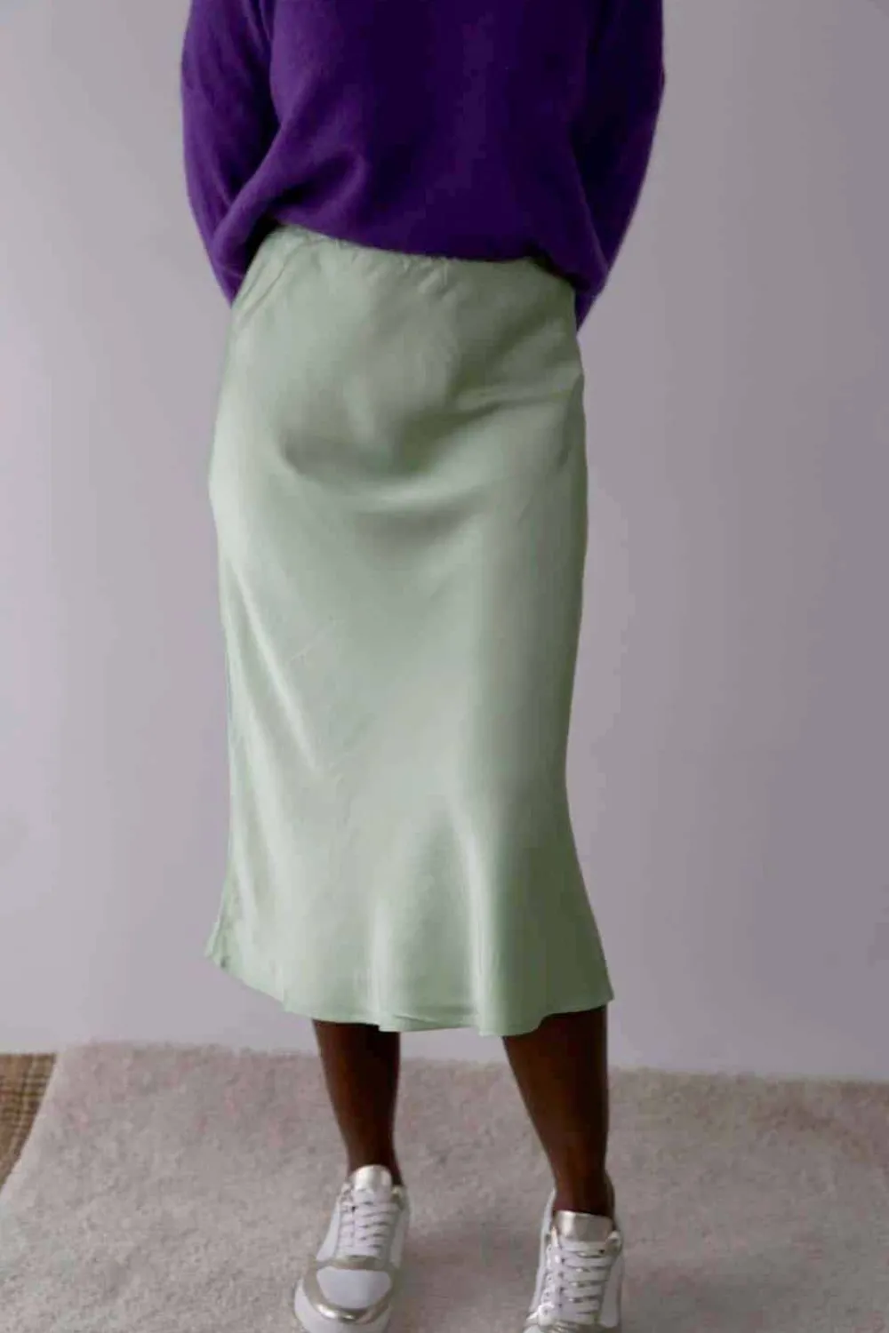 Clearance Jupe Midi Soie Vert Amande Natty Femmes Jupe