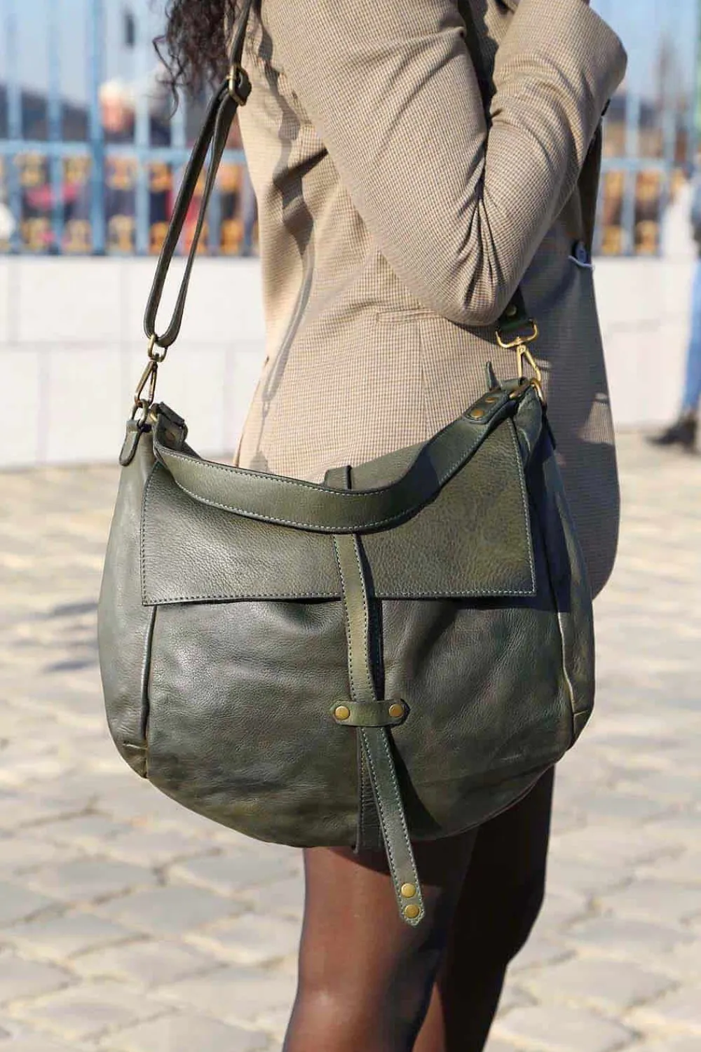 New Sac Besace Cuir Vert Kaki Ninon Femmes Sac Porte Epaule Avec Sangle