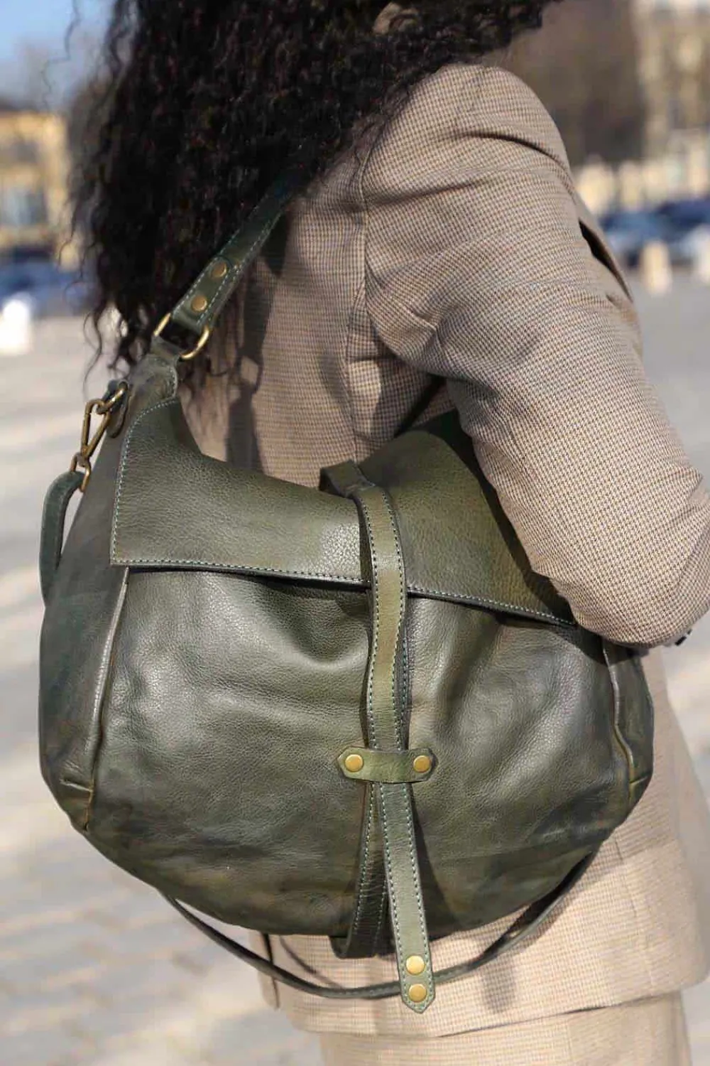 New Sac Besace Cuir Vert Kaki Ninon Femmes Sac Porte Epaule Avec Sangle