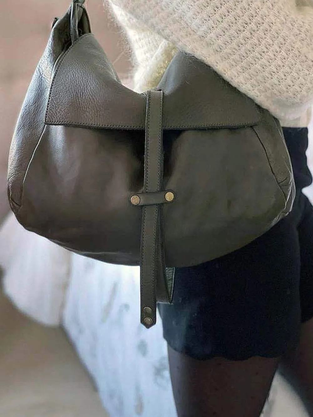 New Sac Besace Cuir Vert Kaki Ninon Femmes Sac Porte Epaule Avec Sangle