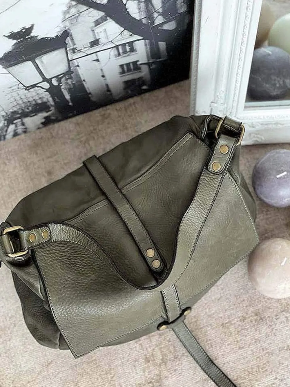 New Sac Besace Cuir Vert Kaki Ninon Femmes Sac Porte Epaule Avec Sangle