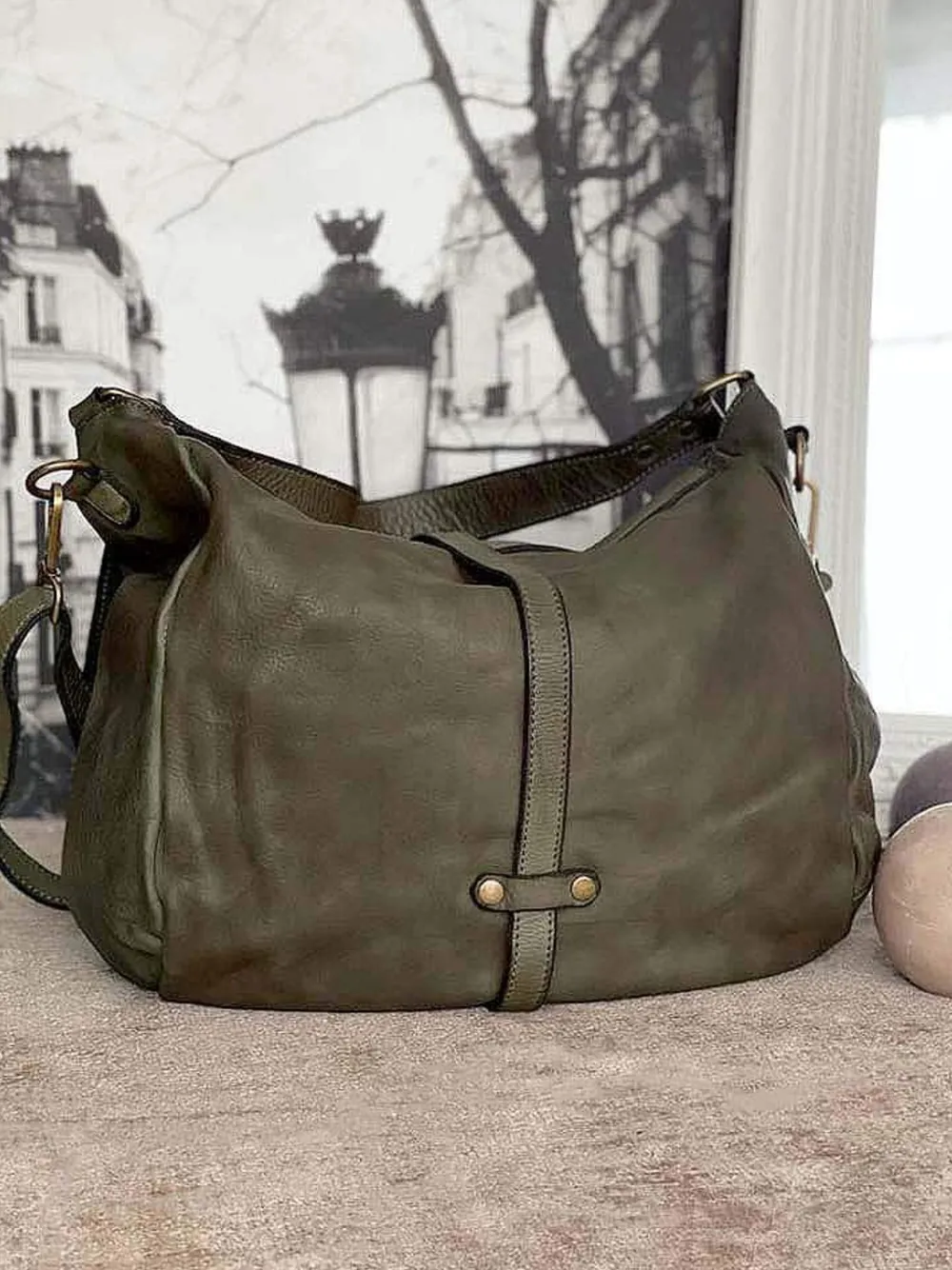 New Sac Besace Cuir Vert Kaki Ninon Femmes Sac Porte Epaule Avec Sangle