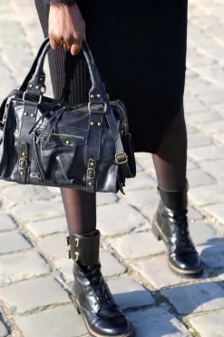 Sac Noir Eloane Midi Femmes Sac Porte Epaule Avec Sangle